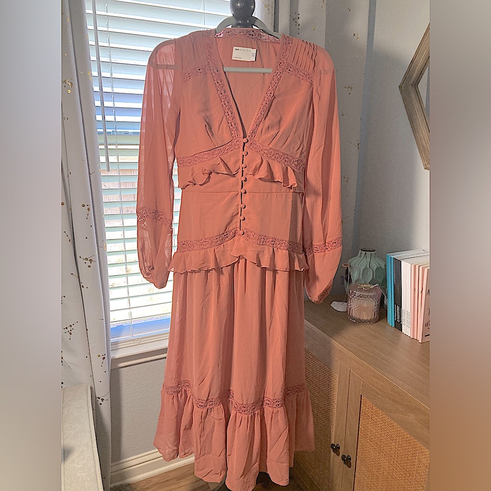NWOT ASOS SIZE 4 women’s SALMON CHIFFON LINED EYELET BUTTON RUFFLE DRESS